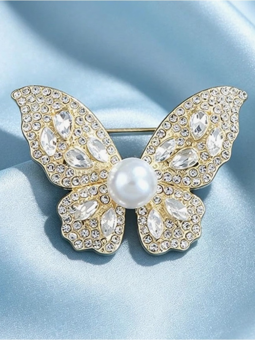 Anthropologie Gold Tone Crystal Butterfly Brooch with Pearl Accent
